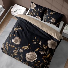 Bettlaken aus Mikrofaser - schwarz mit beige-goldenem Blumenmuster