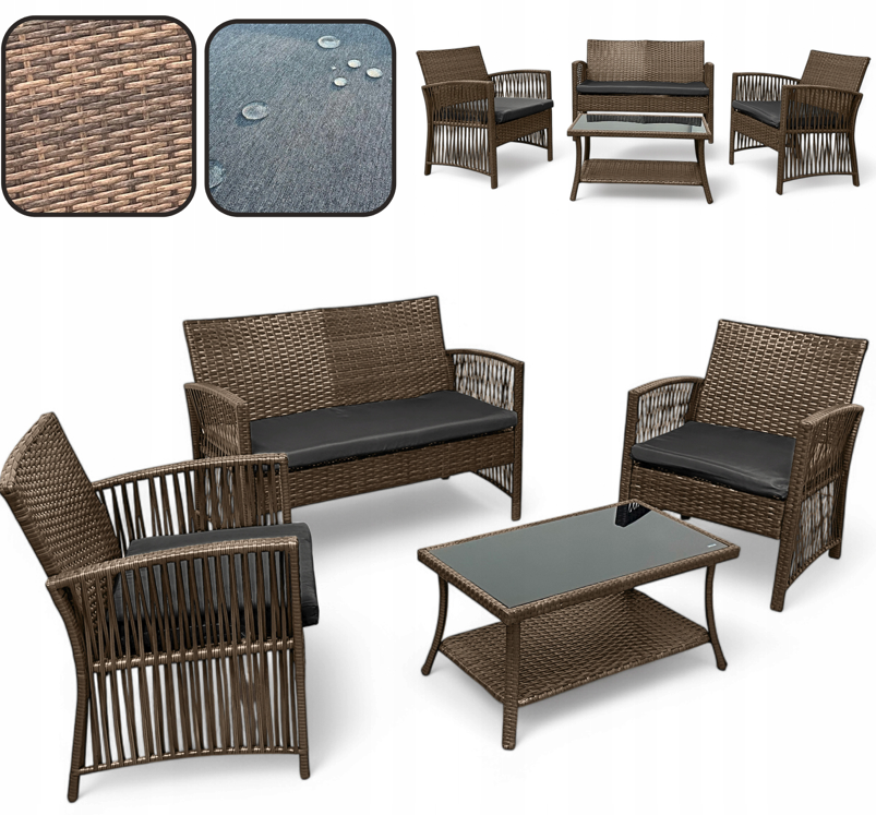 Záhradný set NM-02 z kvalitného technoratanu - hnedý + sivé vankúše