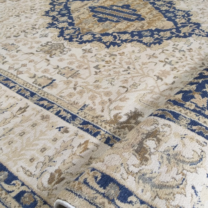 Gyönyörű vintage szőnyeg bézs színben, kék mintával - Méret: Szélesség: 200 cm | Hossz: 290 cm