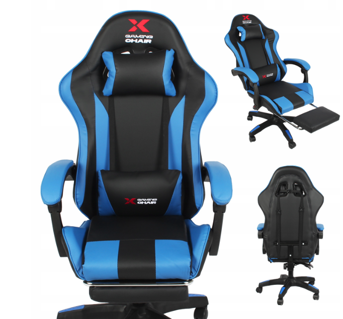 Xgaming játékszék lábtartóval - fekete és kék színben