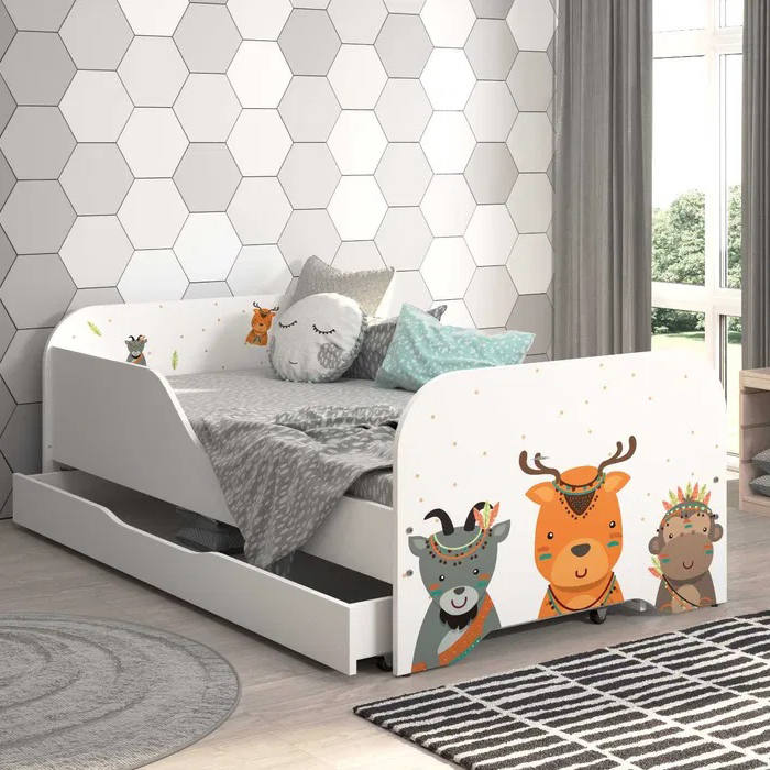 Kinderbett MIKI 160 x 80 cm mit dem Motiv der indianischen Tiere
