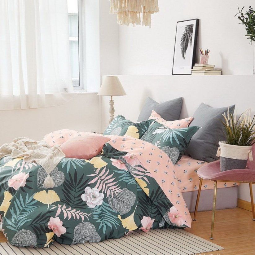 Obojstranné kvetinové posteľné obliečky zelenej farby