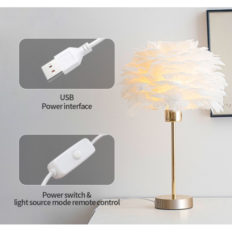 O lampă de masă elegantă cu LED și abajur din pene