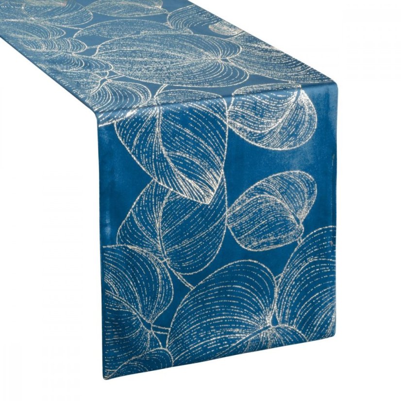 Față de masă centrală din catifea cu imprimare lucioasă de frunze albastre