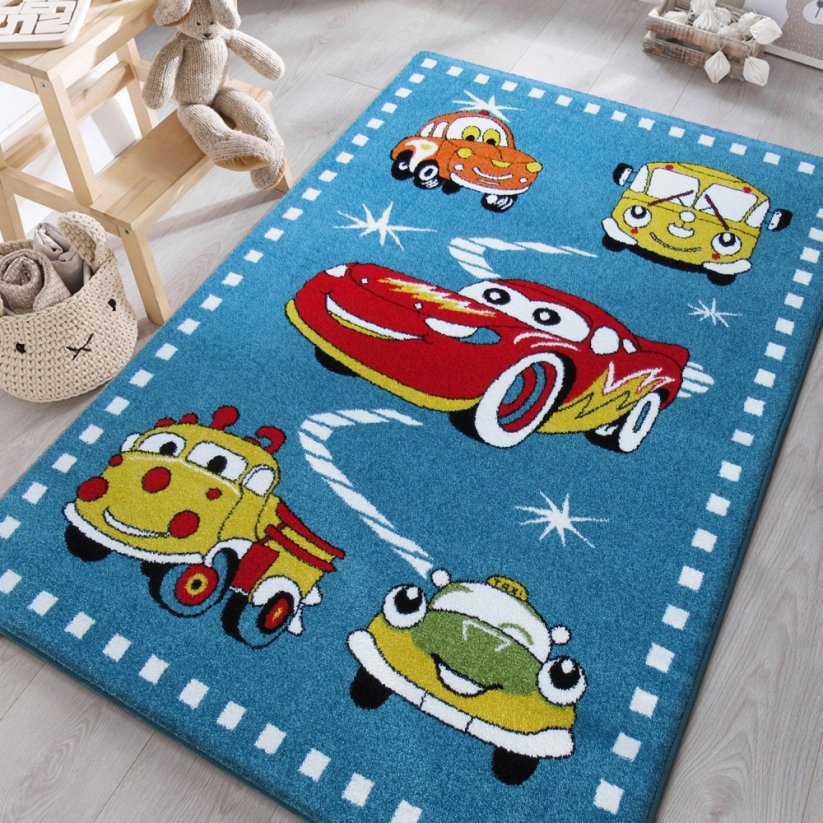 Kék gyerekszoba szőnyeg autókkal