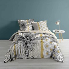 Bellissima biancheria da letto esotica bianca e gialla con disegno di palma 200 x 220 cm