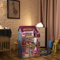 Puppenhaus aus Holz mit LED-Beleuchtung und Möbeln