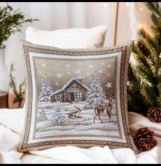 Vianočná gobelínová obliečka na vankúš Zasnežená krajinka – béžová