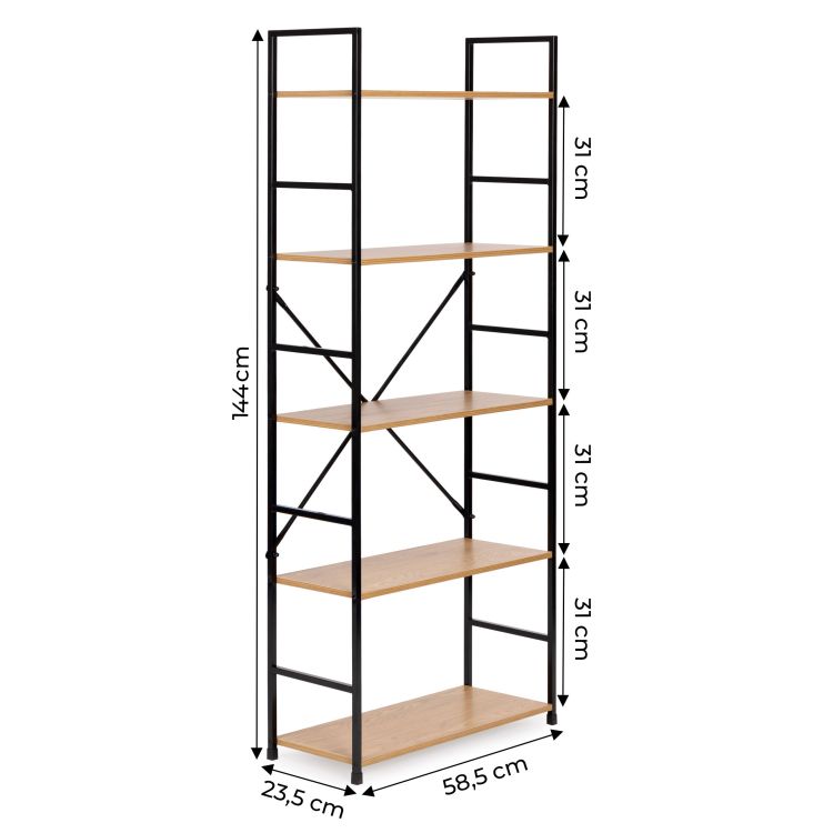 Drevený regál s kovovým rámom a s 5 policami