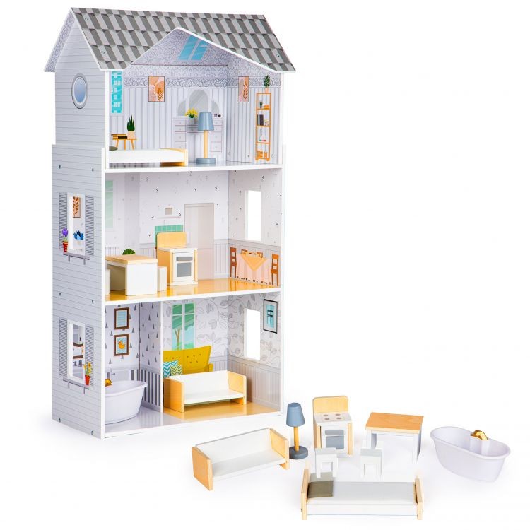 Lesena hišica za lutke s pohištvom