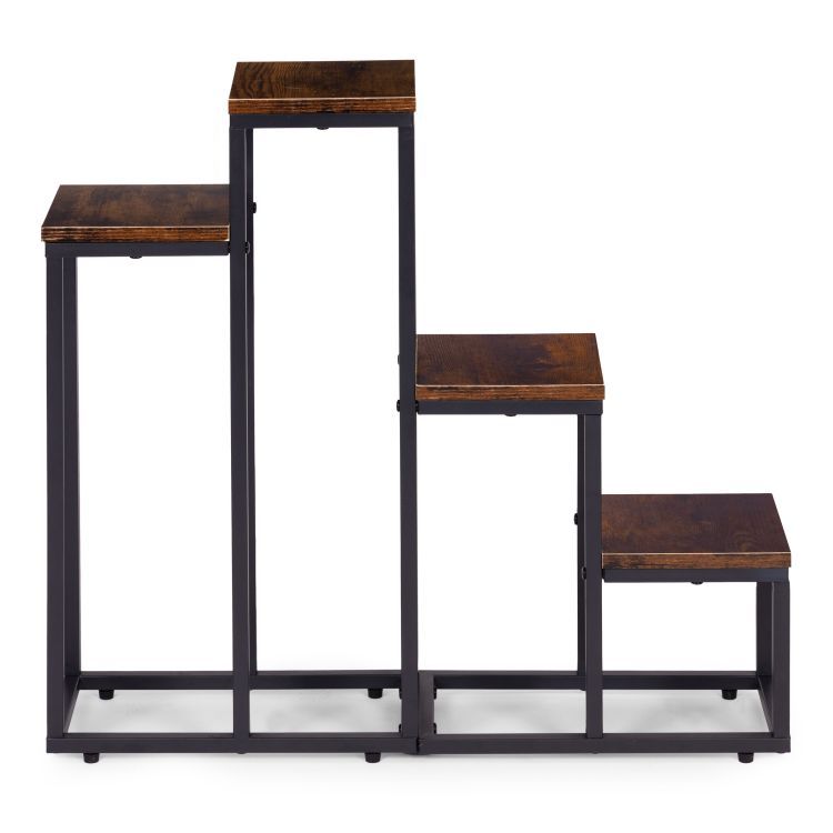 Loftový stojan na kvety – kovový kvetinový regál so 4 policami a dreveným dekorom