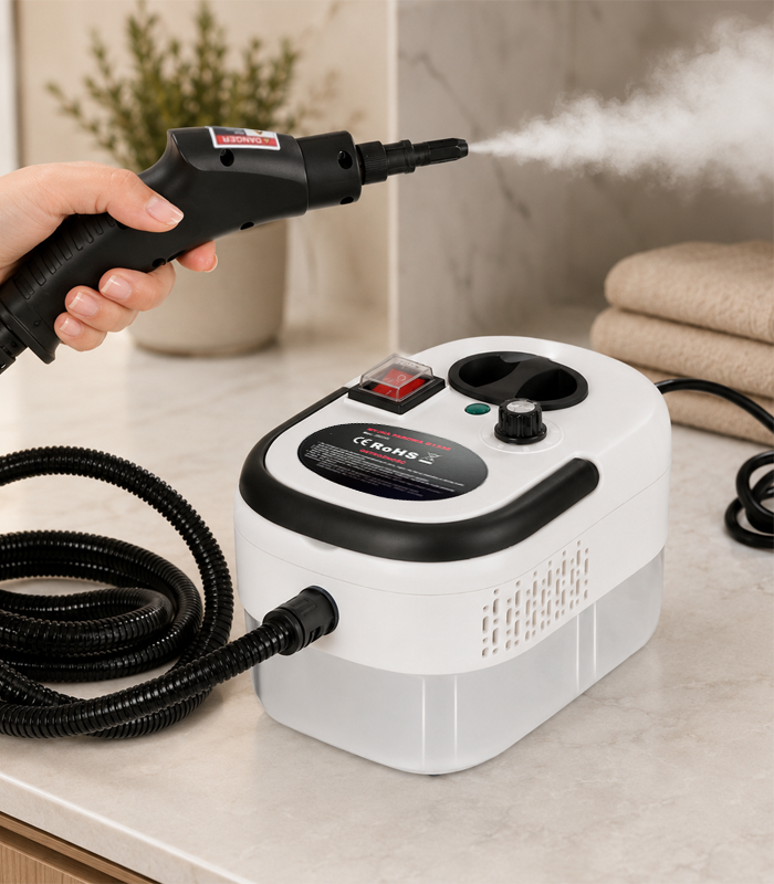 Aparat de curățat cu abur alb-negru de 2500 W pentru bucătărie, baie, geamuri și tapițerie, cu accesorii