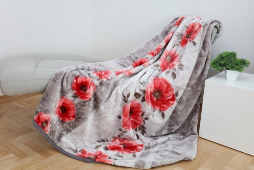 Šedá teplá deka s potiskem červených květů - Rozměr: Šířka: 160 cm | Délka: 210 cm