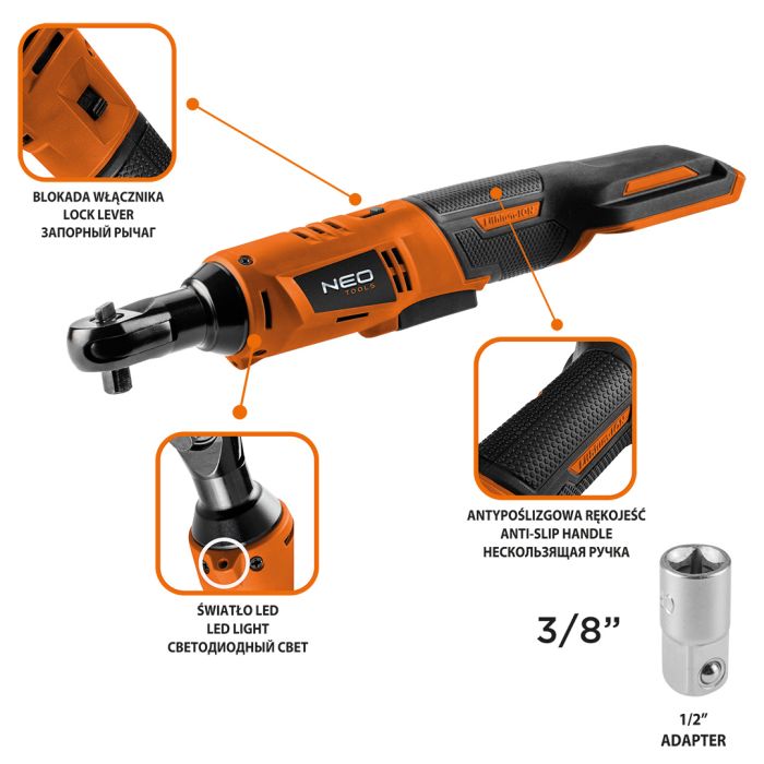 Akku-Ratsche Energy+ 18V, Li-lon, 3/8 Zoll, ohne Akku, 1/2 Zoll Adapter 04-603 NEO