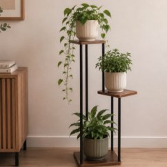Fém virágtartó – 3 emeletes, loft stílusú növényállvány MDF polcokkal, 78 cm