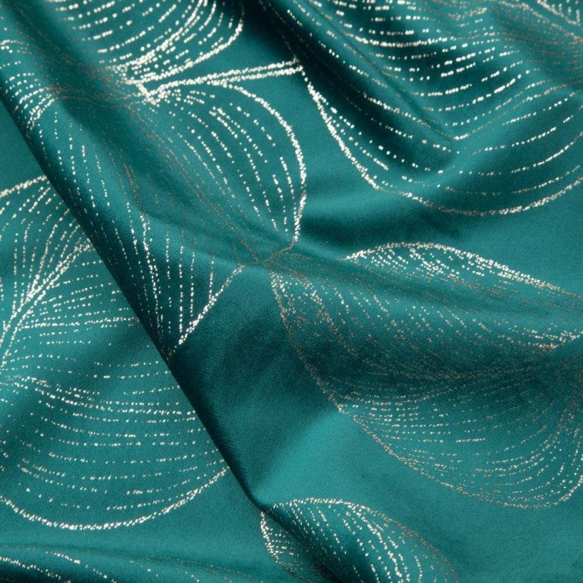 Zamatový stredový obrus s lesklou potlačou listov tyrkysovej farby