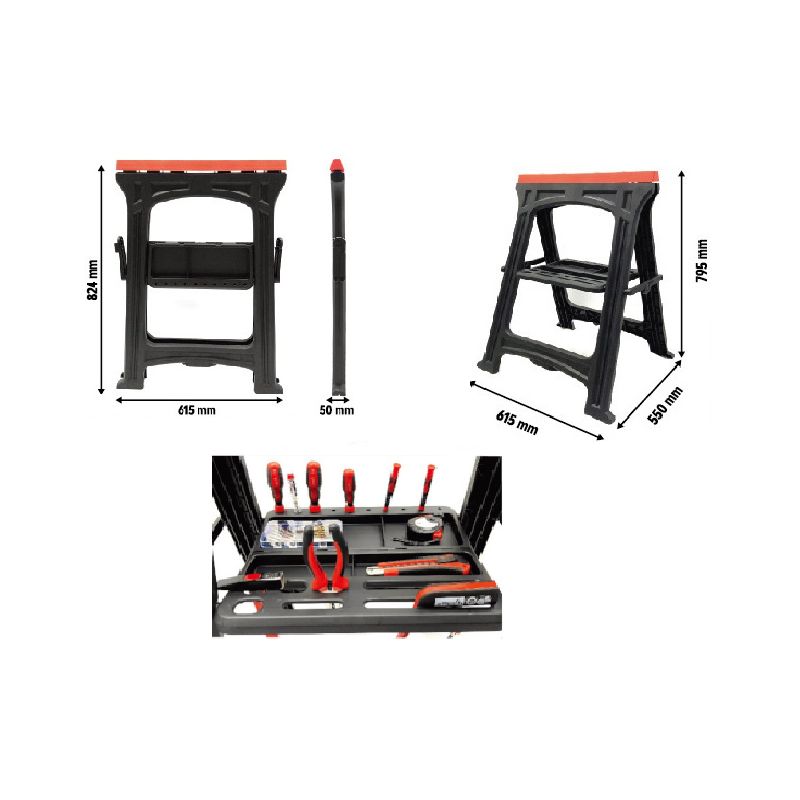 Cavalletto di lavoro 2 pezzi / 170 kg / pezzo + vassoio portautensili