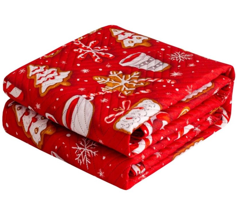 Vianočný prehoz na posteľ, červený, s motívom vianočného pečiva