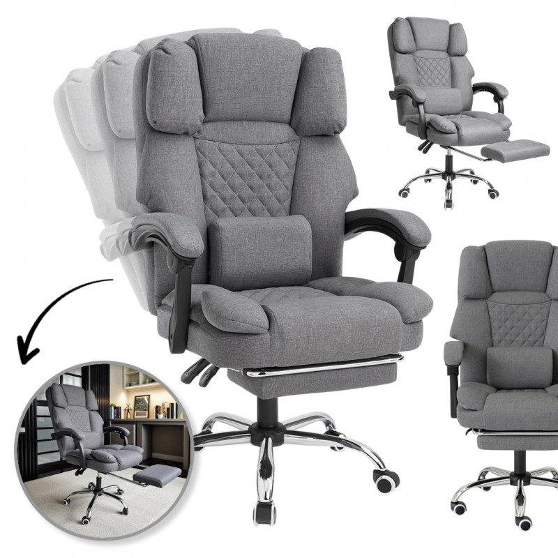 Ergonomická kancelářská židle s opěrkou nohou a masážní péčí - šedá látka