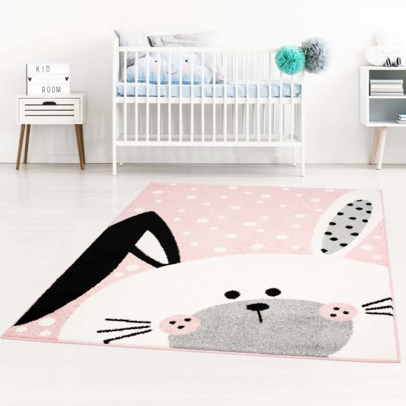 Simpatico tappeto rosa per bambina con coniglio - Misure: Larghezza: 120 cm | Lunghezza: 160 cm
