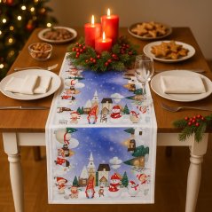 Tovaglia natalizia - bianca e blu con motivo di pupazzi di neve ed elfi