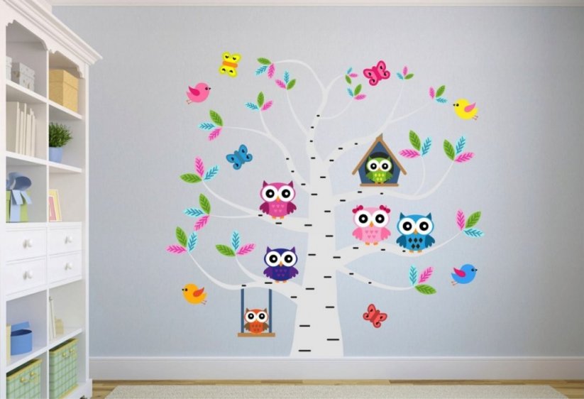 Entzückender Aufkleber für Kinderzimmer - Eulen auf einem Baum - Größe: 100 x 100 cm