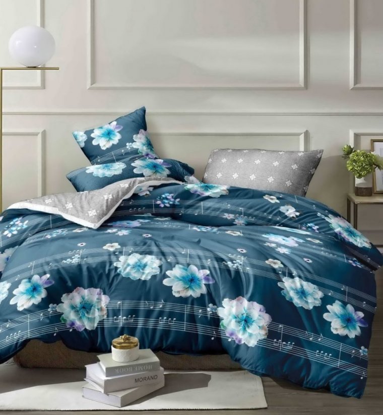 Elegantné modré posteľné obliečky z mikrovlákna s motívom kvetov a nôt