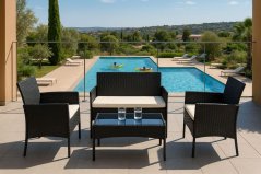 Mobili da giardino in rattan nero - elegante set con panca, poltrone e tavolo
