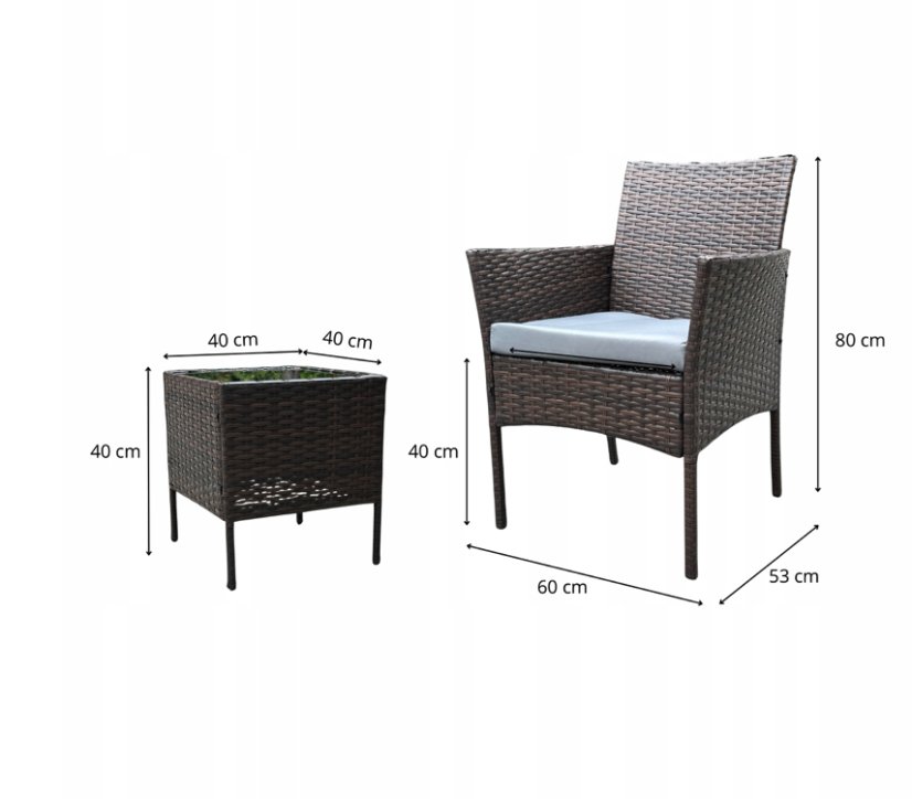 Ratanová súprava so stolíkom a 2 kreslami - prírodná hnedá + sivé vankúše