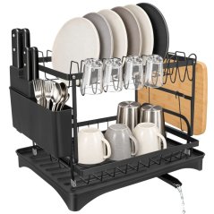 Suport pentru vase cu două niveluri și sistem de scurgere a apei, 42 x 30 x 32 cm – negru