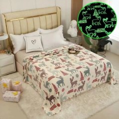 Коледно одеяло, светещо в тъмното, в кремав цвят с мотив на елен и дърво