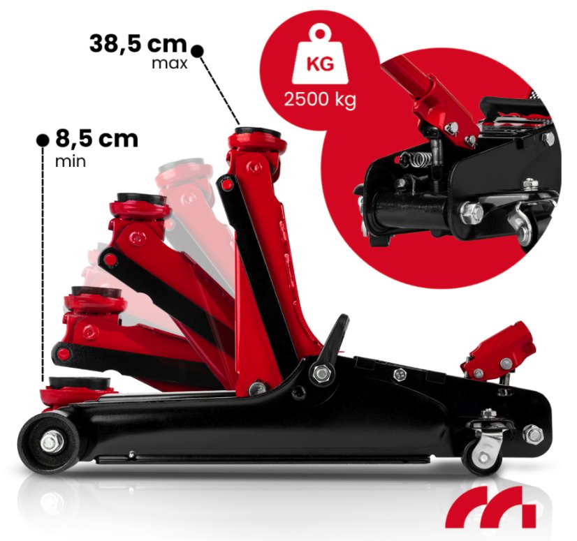 Hydraulický nízkoprofilový pojízdný zvedák 2,5 t MalTec MasterJack2500 – 85–385 mm