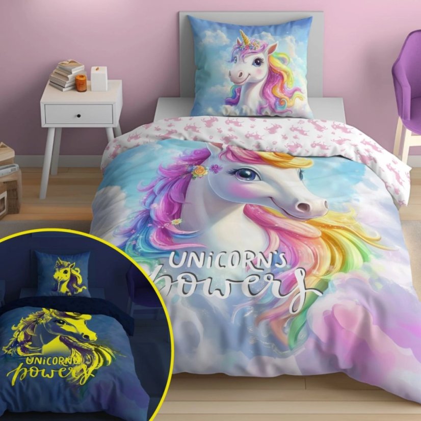 Biancheria da letto per bambini con unicorno magico, che si illumina al buio