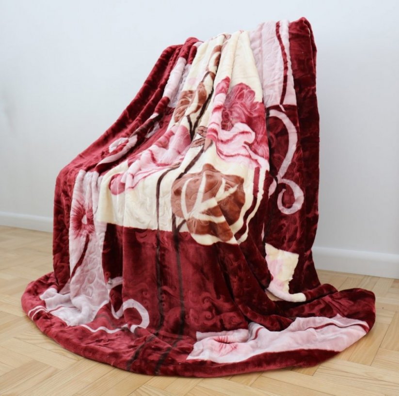 Bordová teplá deka s potlačou kvetov - Rozmer: Šírka: 160 cm | Dĺžka: 210 cm
