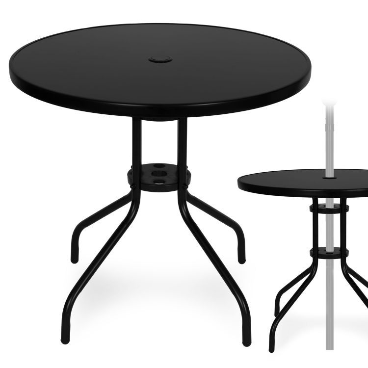 Okrugli vrtni stol 80 cm s otvorom za suncobran - crni