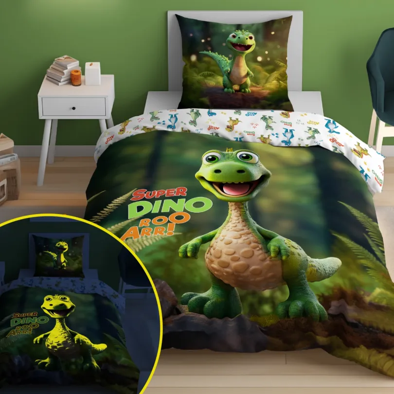 Bavlnené posteľné obliečky svietiace v tme - motív dinosaura