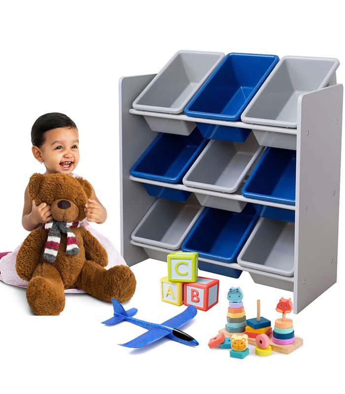 Gyerekjáték polc 9 műanyag dobozzal - kék-szürke