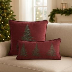 Față de pernă decorativă de Crăciun - burgundy cu motiv de copac verde