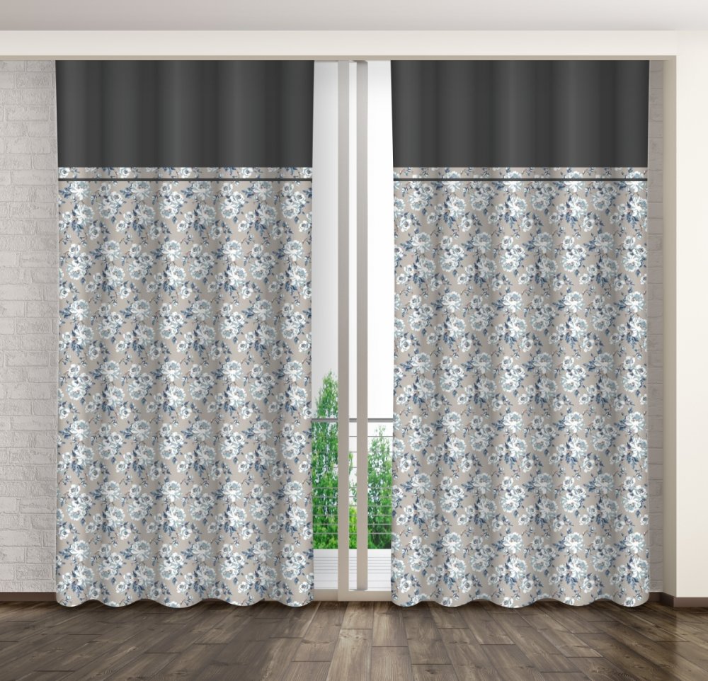 Bézs színű függöny kék virágmintával és sötétszürke szegéllyel Szélesség: 160 cm | Hossz: 270 cm