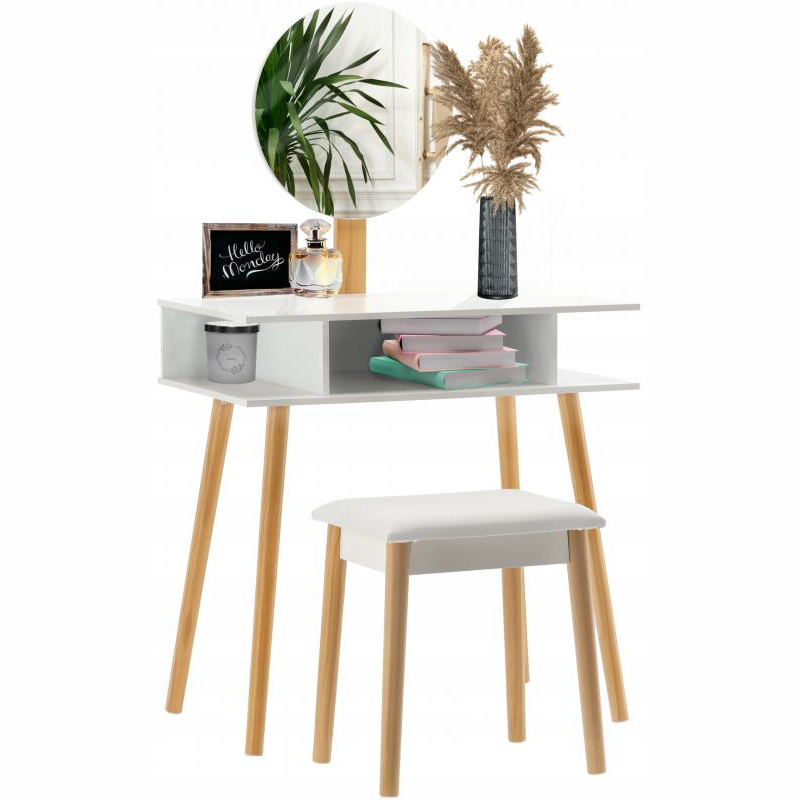 Măsuță de toaletă retro albă cu oglindă rotundă și taburet