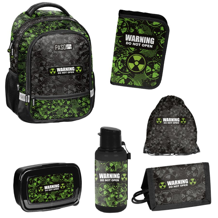 Set școlar Alert 6 în 1 – ghiozdan, penar, cutie pentru prânz, sticlă pentru apă, sac pentru încălțăminte, portofel
