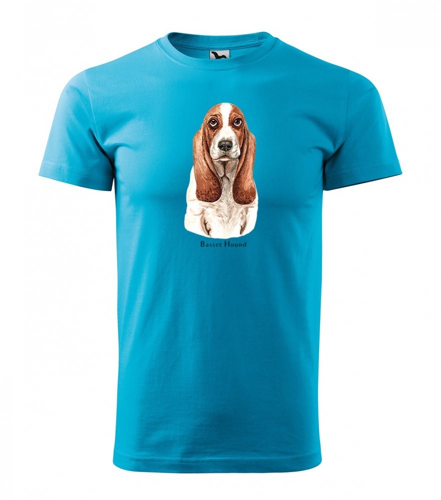 Originálne pánske bavlnené tričko s potlačou poľovníckeho psa basset Tyrkysová M
