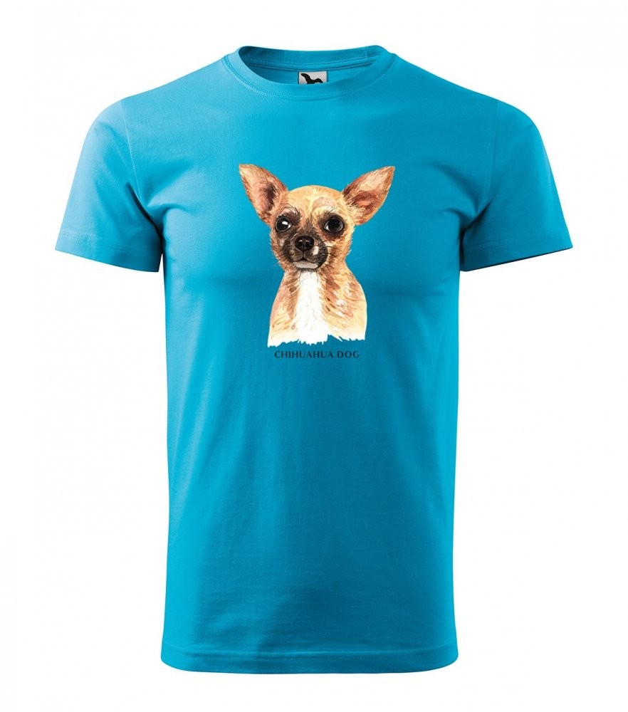 Stylové pánské tričko bavlněné s potiskem psa čivava Tyrkysová L