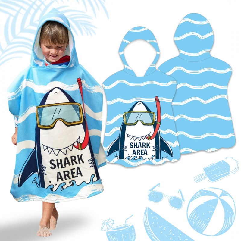Poncho de plajă pentru copii albastru cu rechin