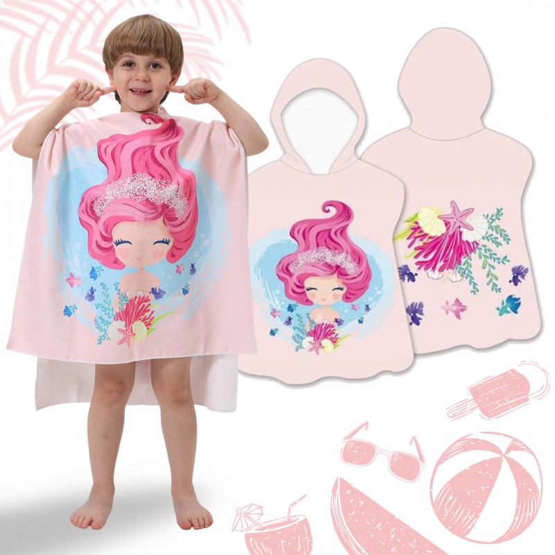 Poncho de plajă pentru copii roz cu sirenă