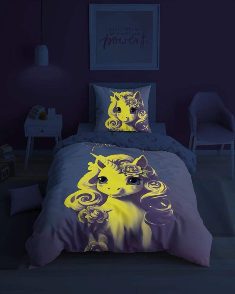 Lenjerie de pat din bumbac pentru copii - Unicorn (strălucește în întuneric) Latime: 140 cm | Lungime: 200 cm