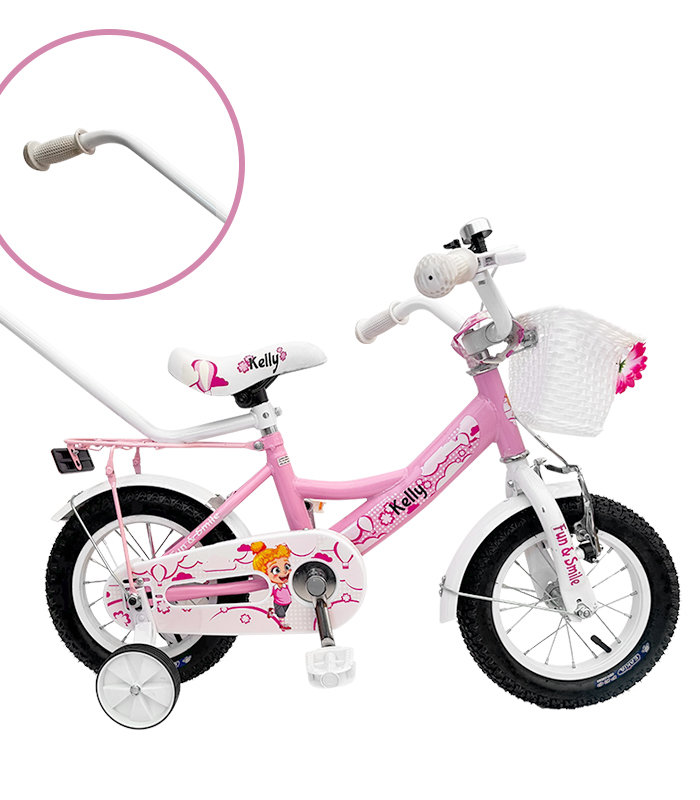 Bicicletă pentru copii cu roți auxiliare, bară de ghidare, coș și clopoțel 12 – pre deti od 2,5 do 4 rokov