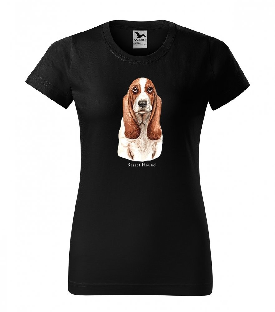 Trendy dámske bavlnené tričko s potlačou poľovníckeho psa basset Černá M