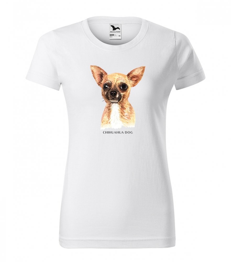 Stylové dámské tričko bavlněné s potiskem psa čivava Bílá S