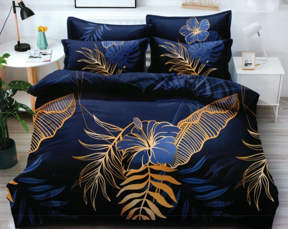 PosteľnábielizeňzbavlnenéhosaténumodrejfarbysozlatoupotlačouŠírka:160cm|Dĺžka:200cm